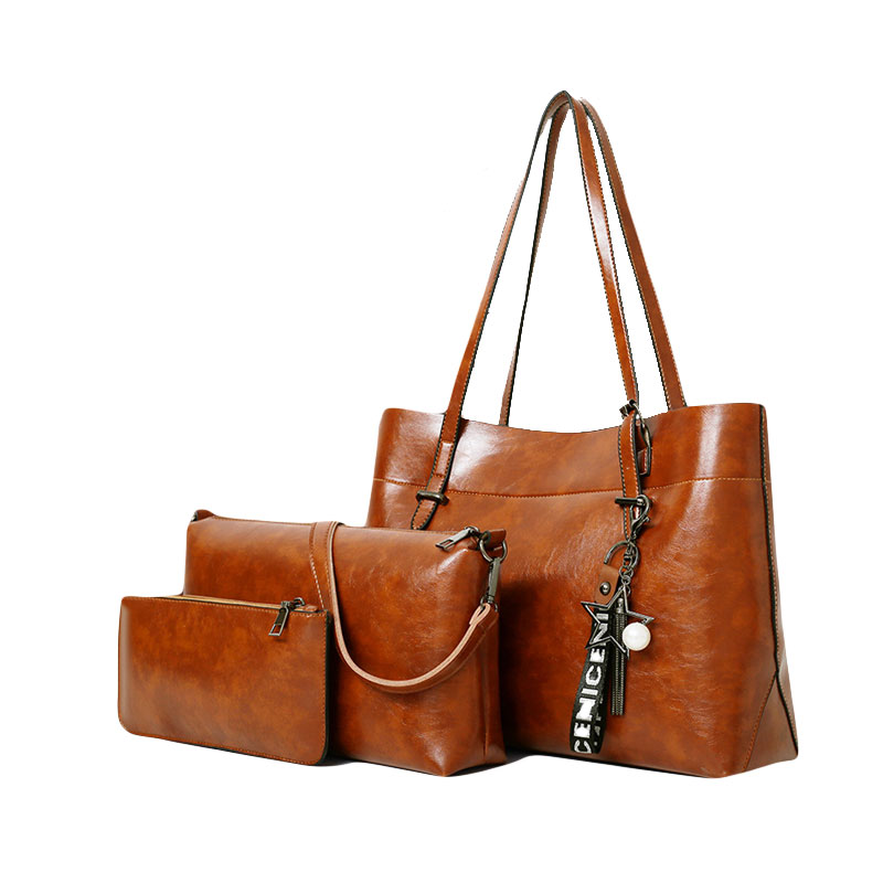 [オフィシャル]ワックストートバッグ3点セット、アンティーク風、耐久性に優れているワックス革、上品な光沢感、手触りが良い。お勧めです！【着払い】